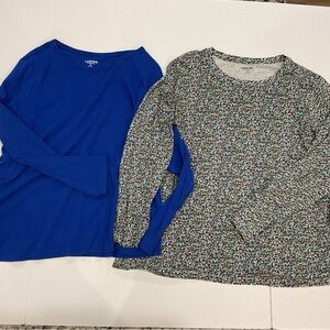 Land’s End Cotton Royal Blue Solid Top & Blue Floral Print Long Sleeve Top
